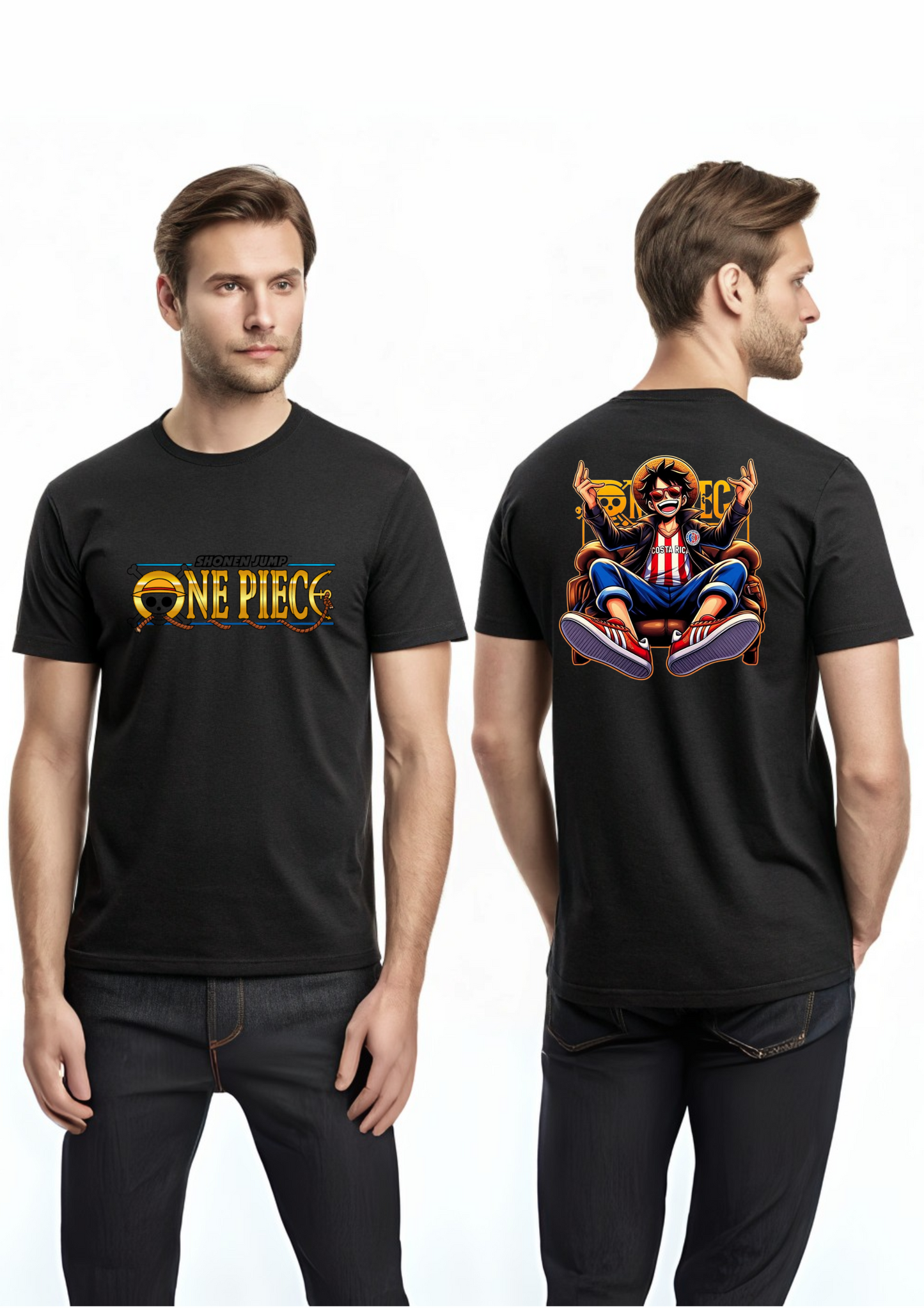 One Piece Anime Printed T-Shirt (Front & Back Design) – White & Black | Men’s Classic Fit | S–XXL